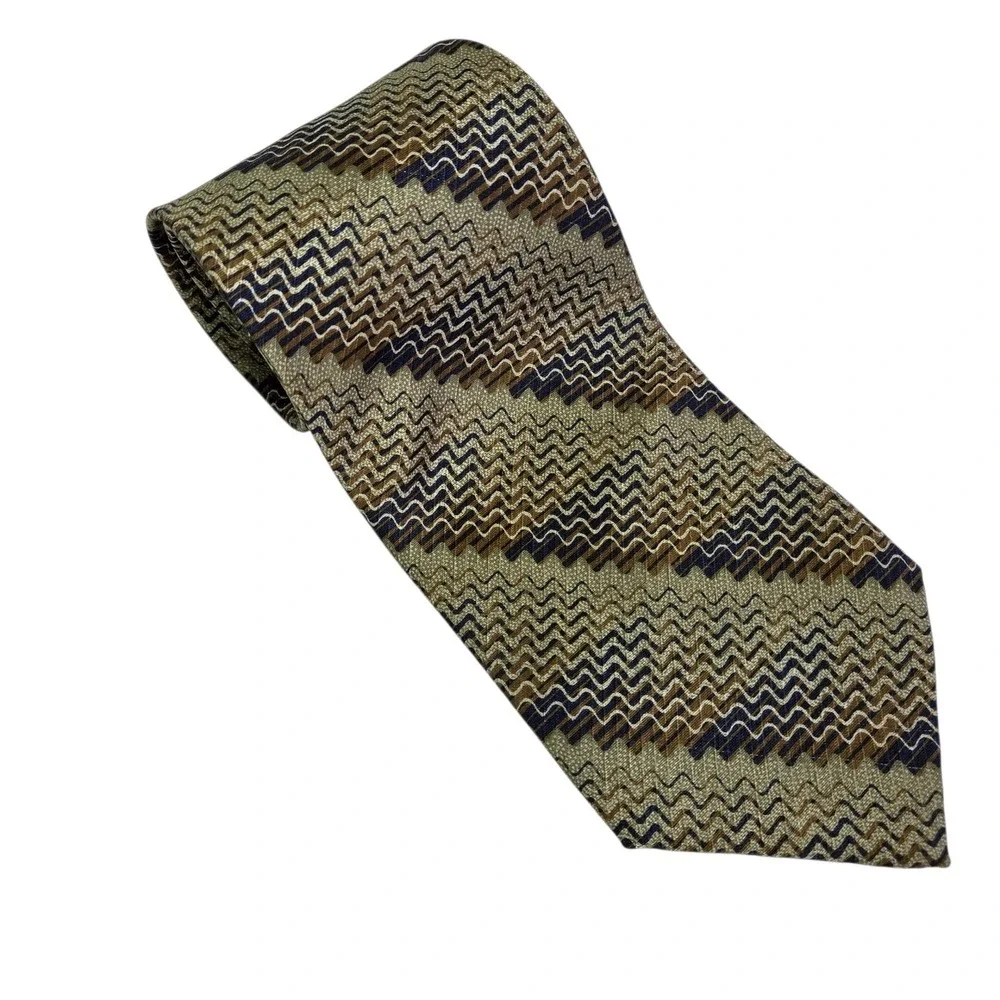 Jhane‎ Barnes Silk Necktie Brown Blue Zig Zag Pattern Business Career Tie Japan
